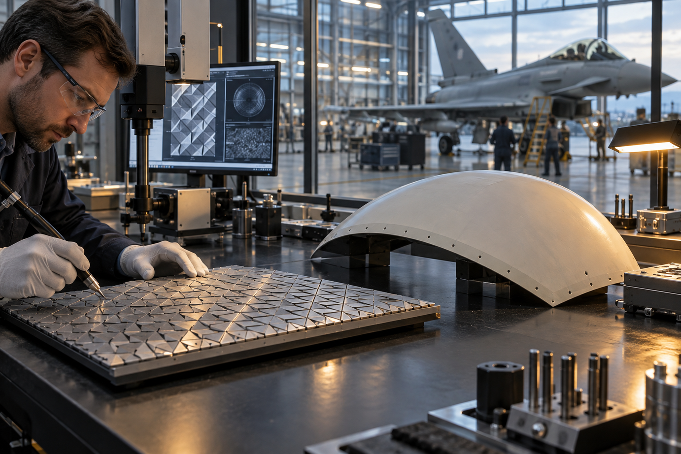 An engineering material sample and aircraft in a hangar