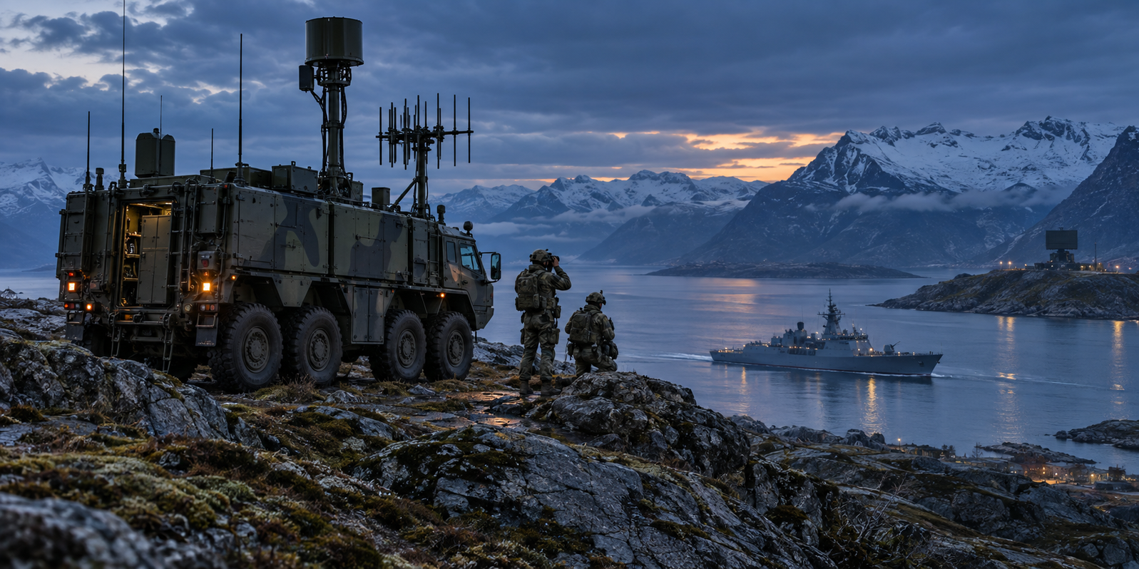 Defence personnel and communications equipment overlooking a northern European fjord