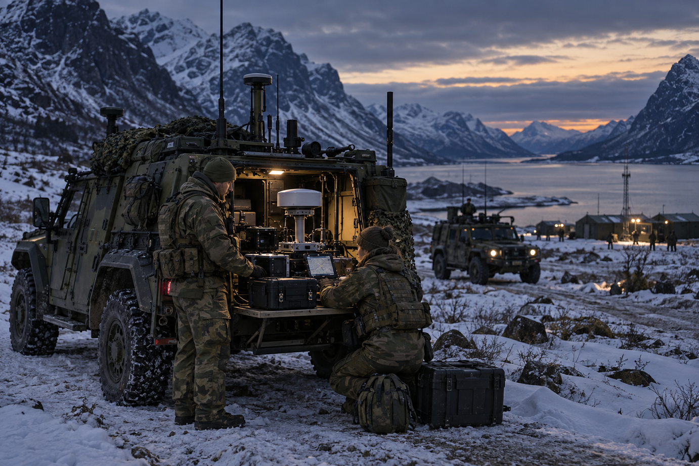 Defence personnel working with navigation equipment beside a vehicle in mountainous terrain