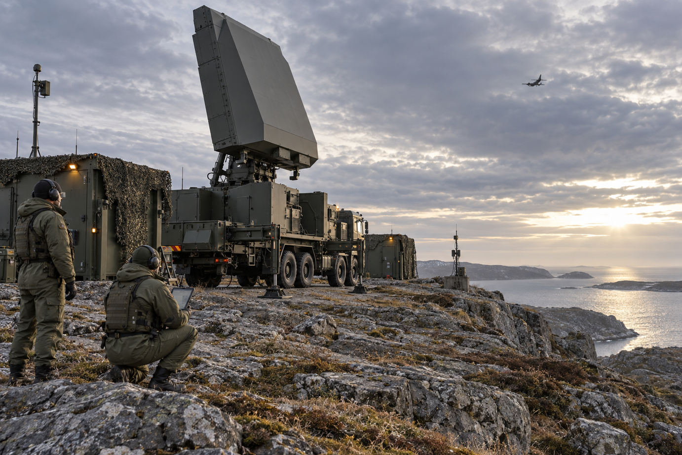 A radar installation and defence personnel overlooking a coastal environment