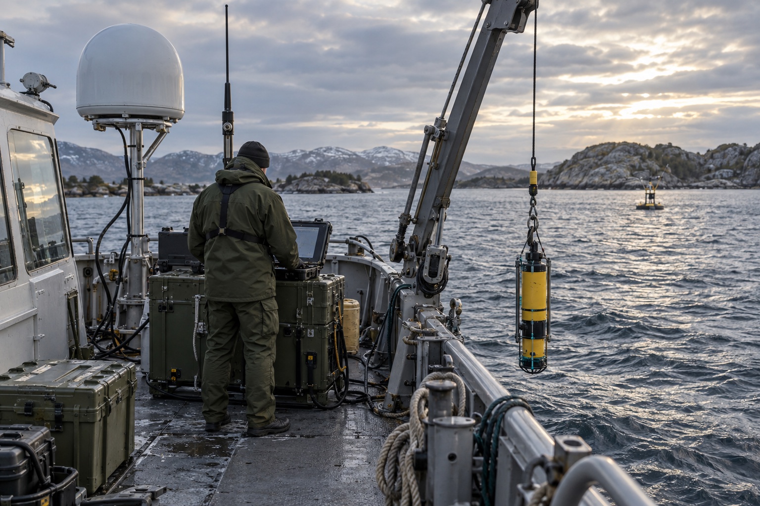 An operator aboard a coastal vessel with satellite communications equipment and a suspended subsea instrument
